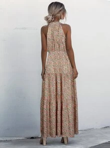 SHEIN LUNE Halter Belted Ruffle Hem Floral Dress - Multicolor - View 2