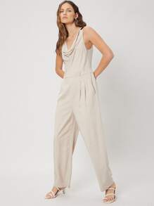 SHEIN Linen Draped Sleeveless Jumpsuit - Apricot - View 5