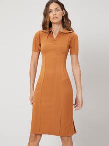 SHEIN 絲綢棉羅紋合身毛衣裙 - 薑色 - 查看 2