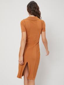 SHEIN 絲綢棉羅紋合身毛衣裙 - 薑色 - 查看 3