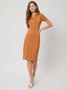 SHEIN 絲綢棉羅紋合身毛衣裙 - 薑色 - 查看 4