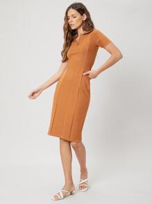 SHEIN 絲綢棉羅紋合身毛衣裙 - 薑色 - 查看 6