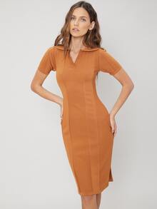 SHEIN 絲綢棉羅紋合身毛衣裙 - 薑色 - 查看 9