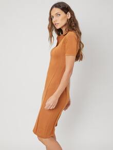 SHEIN 絲綢棉羅紋合身毛衣裙 - 薑色 - 查看 10