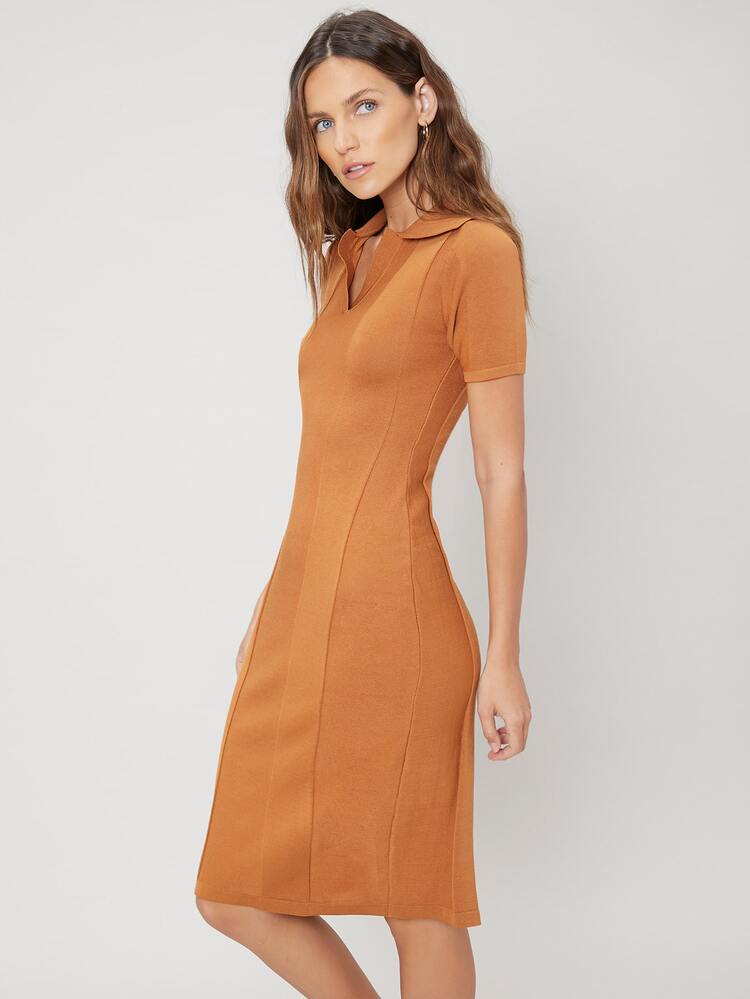 SHEIN 絲綢棉羅紋合身毛衣洋裝 - 薑色 - 查看 11