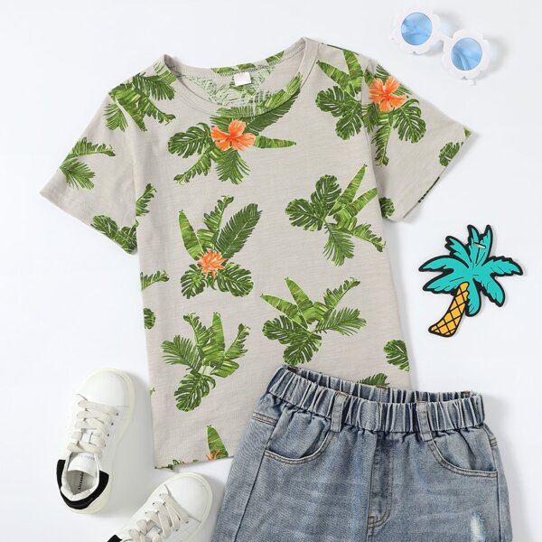 

Boys Tropical Print Crew Neck Tee, Multicolor