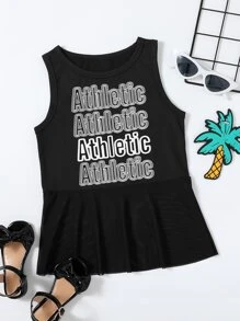 Niñas Top tank con estampado de letra bajo con fruncido - Negro - Ver 1