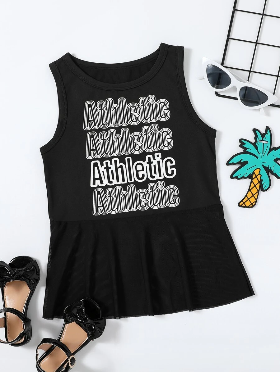 Niñas Top tank con estampado de letra bajo con fruncido - Negro - Ver 1