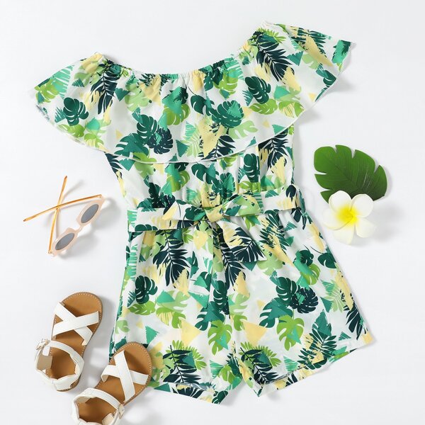 

Girls Tropical Print Ruffle Belted Romper, Green