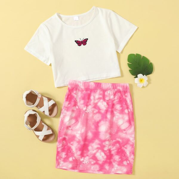 

Girls Butterfly Print Tee With Tie Dye Skirt, Multicolor