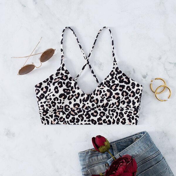 

Leopard Print Criss Cross Bikini Top, Multicolor