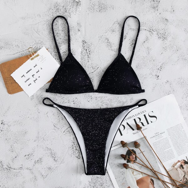 

Rib Triangle Thong Bikini Swimsuit, Navy blue