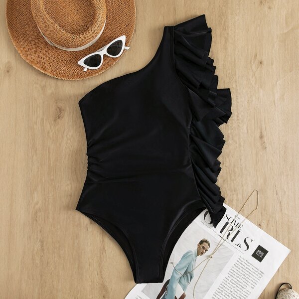 

Ruffle Trim One Shoulder One Piece Swimsuit, Black