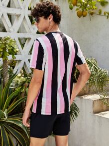 Manfinity RebelGame Camiseta de color combinado de rayas con estampado de letra - Multicolor - Ver 2