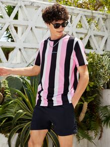 Manfinity RebelGame Camiseta de color combinado de rayas con estampado de letra - Multicolor - Ver 3