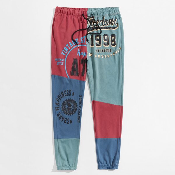

Men Drawstring Waist Letter Graphic Colorblock Joggers, Multicolor