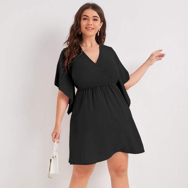 

Plus Surplice Front Solid A-line Dress, Black