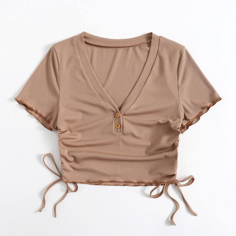 

Solid Drawstring Button Ribbed Tee, Khaki