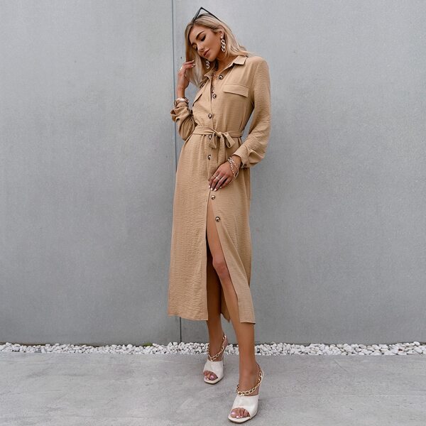

Button Front Belted Shirt Dress, Khaki