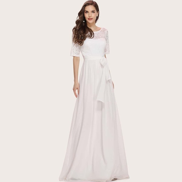 

Lace Bodice Belted Chiffon Prom Dress, White