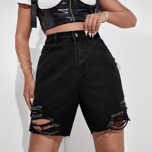 

Plus Ripped Detail Denim Shorts, Black