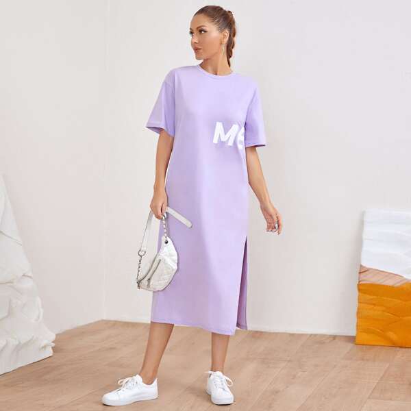 

Split Hem Letter Graphic Dress, Mauve purple