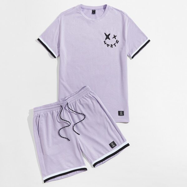 

Men Letter Graphic Contrast Binding Tee and Track Shorts Set, Purple