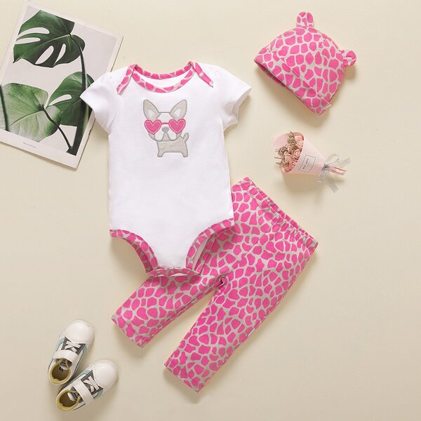 

Baby Girl Cartoon Embroidery Ringer Bodysuit & Leggings & Hat, Multicolor