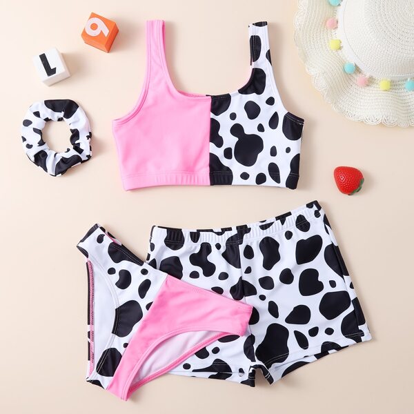 

4pack Girls Cow Print Bikini Swimsuit & Scrunchie, Pink