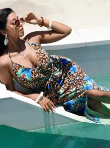 SHEIN Plus Floral & Leopard Print Cami Dress - Multicolor - View 1