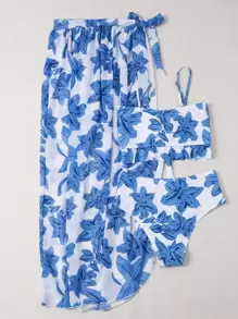 SHEIN Swim Summer Beach 3packs Floral Knot Front Bikini & Beach Skirt - Blue and White - View 2