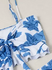 SHEIN Swim Summer Beach 3packs Floral Knot Front Bikini & Beach Skirt - Blue and White - View 3