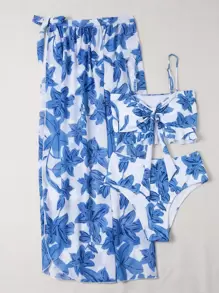 SHEIN Swim Summer Beach 3packs Floral Knot Front Bikini & Beach Skirt - Blue and White - View 4