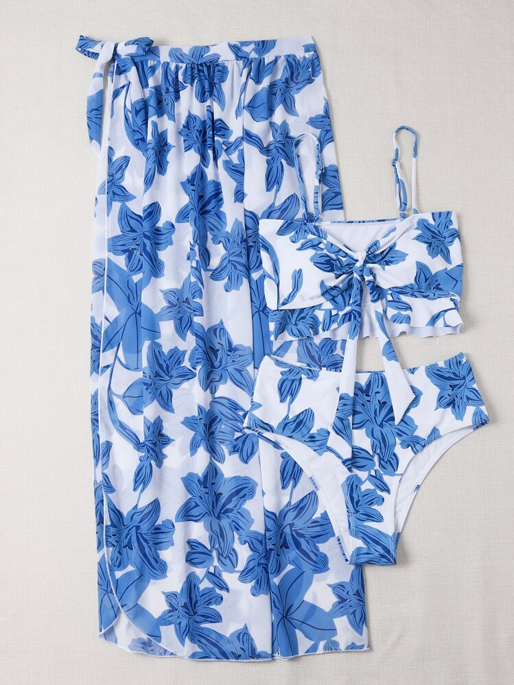 SHEIN Swim Summer Beach 3packs Floral Knot Front Bikini & Beach Skirt - Blue and White - View 4