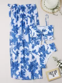 SHEIN Swim Summer Beach 3packs Floral Knot Front Bikini & Beach Skirt - Blue and White - View 6