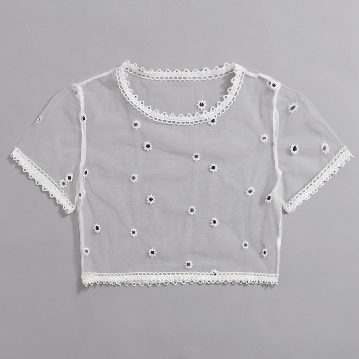 

Floral Embroidery Mesh Top, White