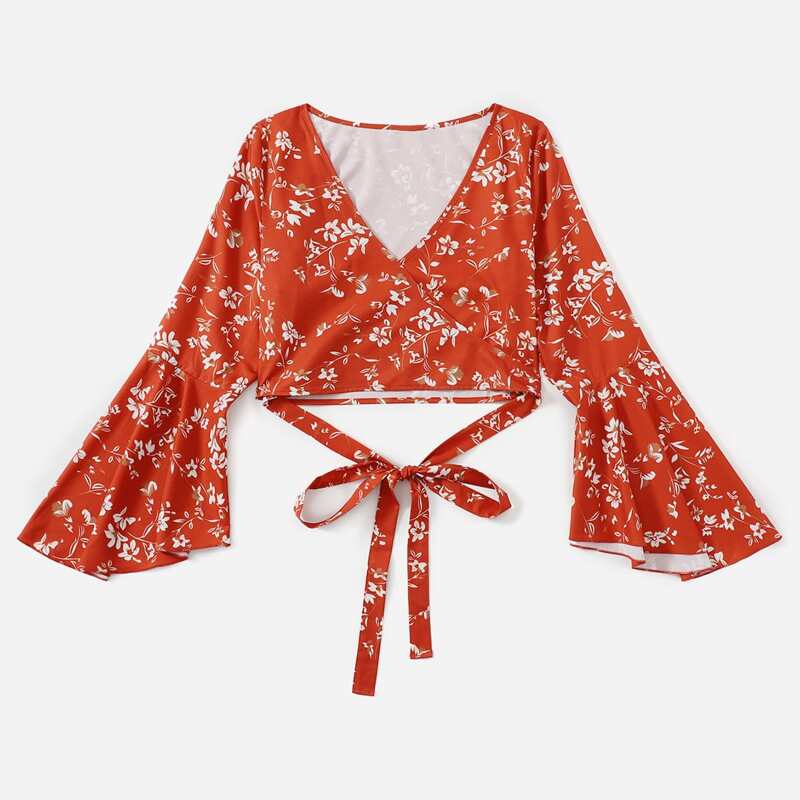 

Ditsy Floral Wrap Crop Top, Red