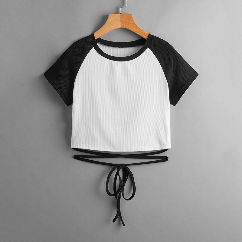 

Colorblock Criss Cross Ribbed Tee, Black and white