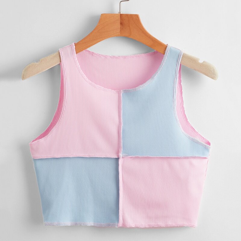 

Stitching Trim Colorblock Ribbed Tank Top, Multicolor