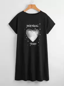 SHEIN Slogan & Heart Print Tee Dress - Black - View 1