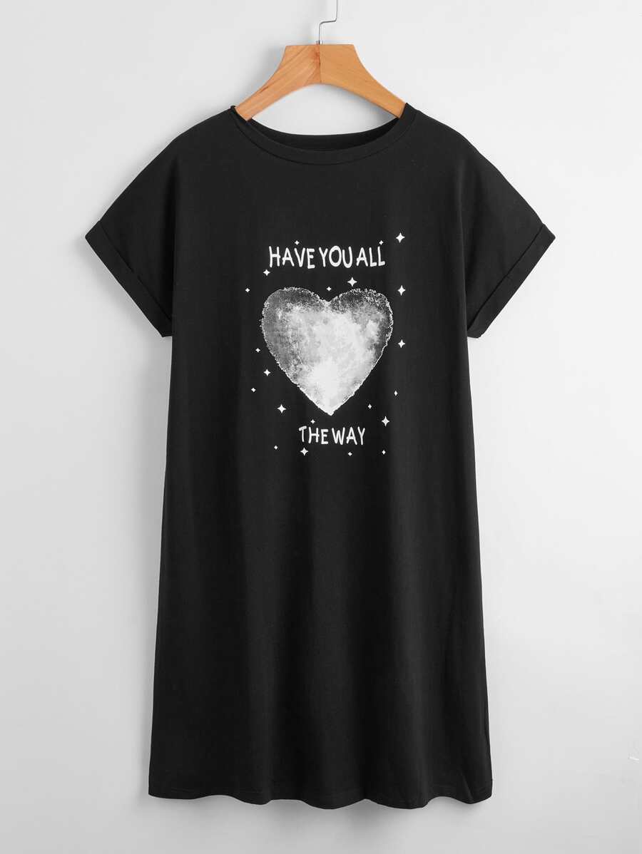 SHEIN Slogan & Heart Print Tee Dress - Black - View 1