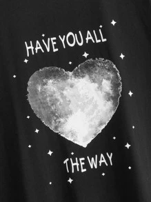 SHEIN Slogan & Heart Print Tee Dress - Black - View 4