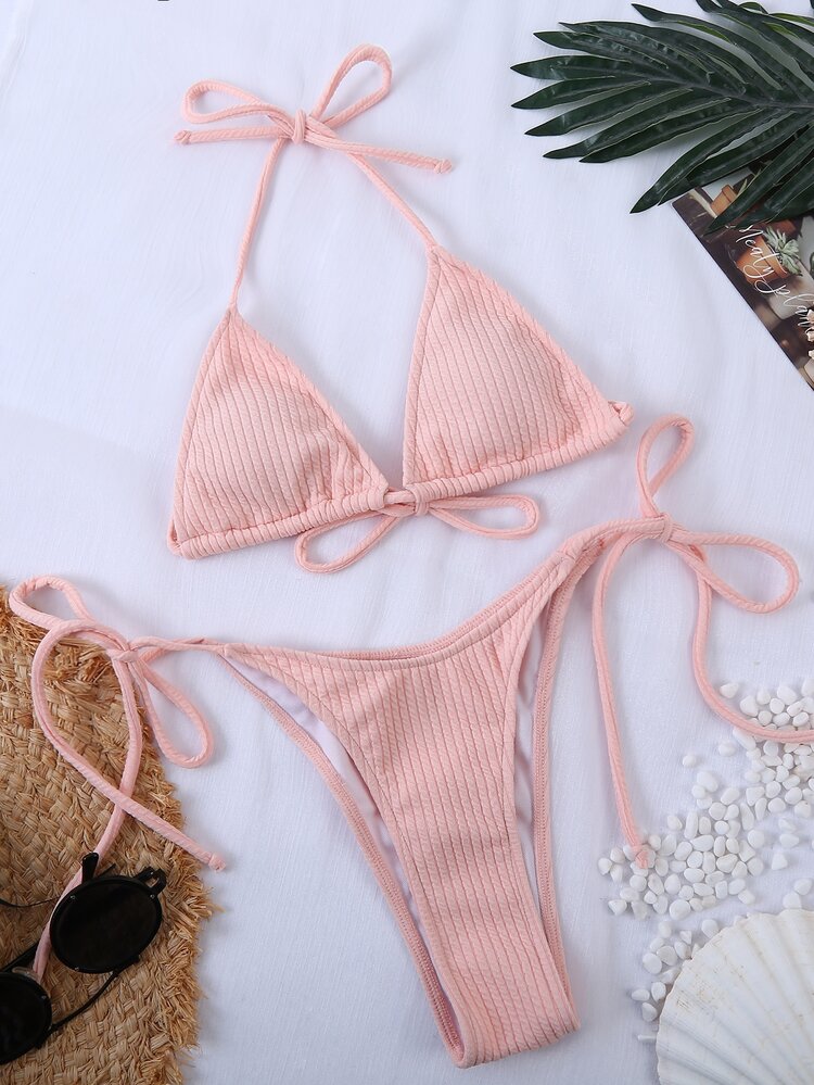 Conjunto de bikini de tanga con triángulo texturizado - Rosa Pálido - Añade 3