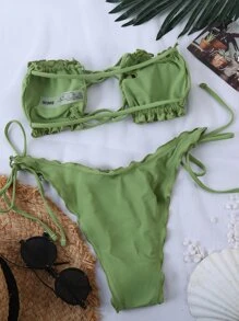 Frill Halter Tie Side Bikini Set, For Summer Beach Vacation - Green - View 2