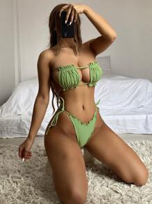Frill Halter Tie Side Bikini Set, For Summer Beach Vacation - Green - View 3
