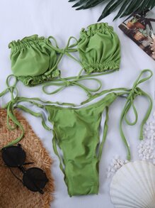 Frill Halter Tie Side Bikini Set, For Summer Beach Vacation - Green - View 4