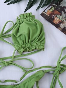Frill Halter Tie Side Bikini Set, For Summer Beach Vacation - Green - View 5