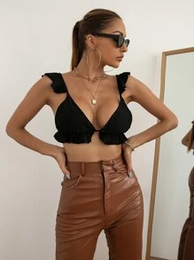 Chiquease 荷葉邊結飾露背上衣 - 黑色 - 查看 4