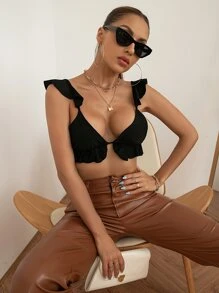 Chiquease 荷葉邊結飾露背上衣 - 黑色 - 查看 6