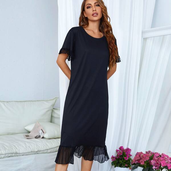 

Mesh Ruffle Trim Night Dress, Black